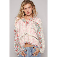 V-Neck Floral Patch Hooded Top