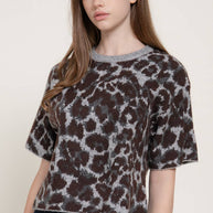 Short Sleeve Round Neck Leopard Jacquard Sweater Top
