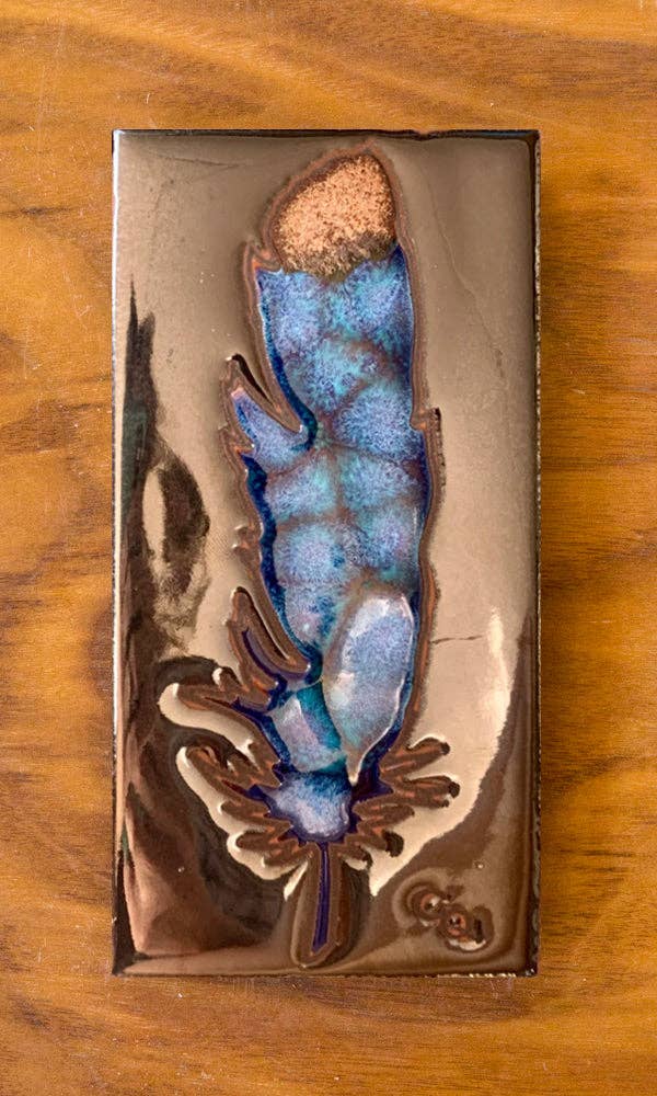 Watercolor Feather on Silver 3”x6” Hand-Glazed Ceramic Tile