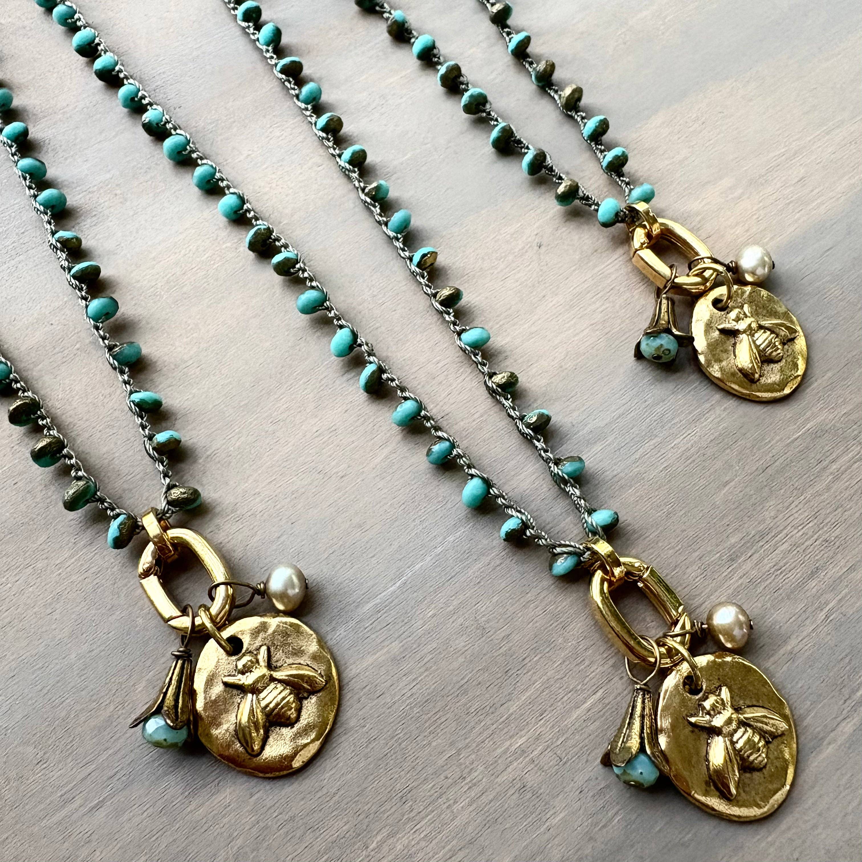 Honey Bee Charm Necklace With Freshwater Pearl and Flower Drop