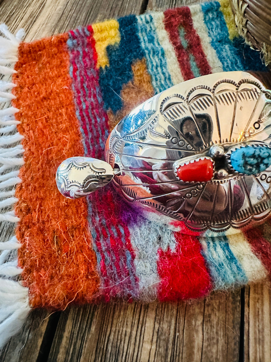 Handcrafted Turquoise, Coral & Sterling Silver Concho Hair Pin