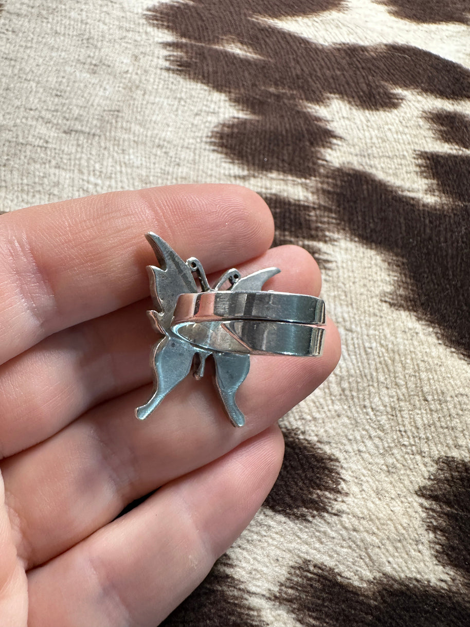 Beautiful Handmade Purple Opal And Sterling Silver Adjustable Butterfly Ring