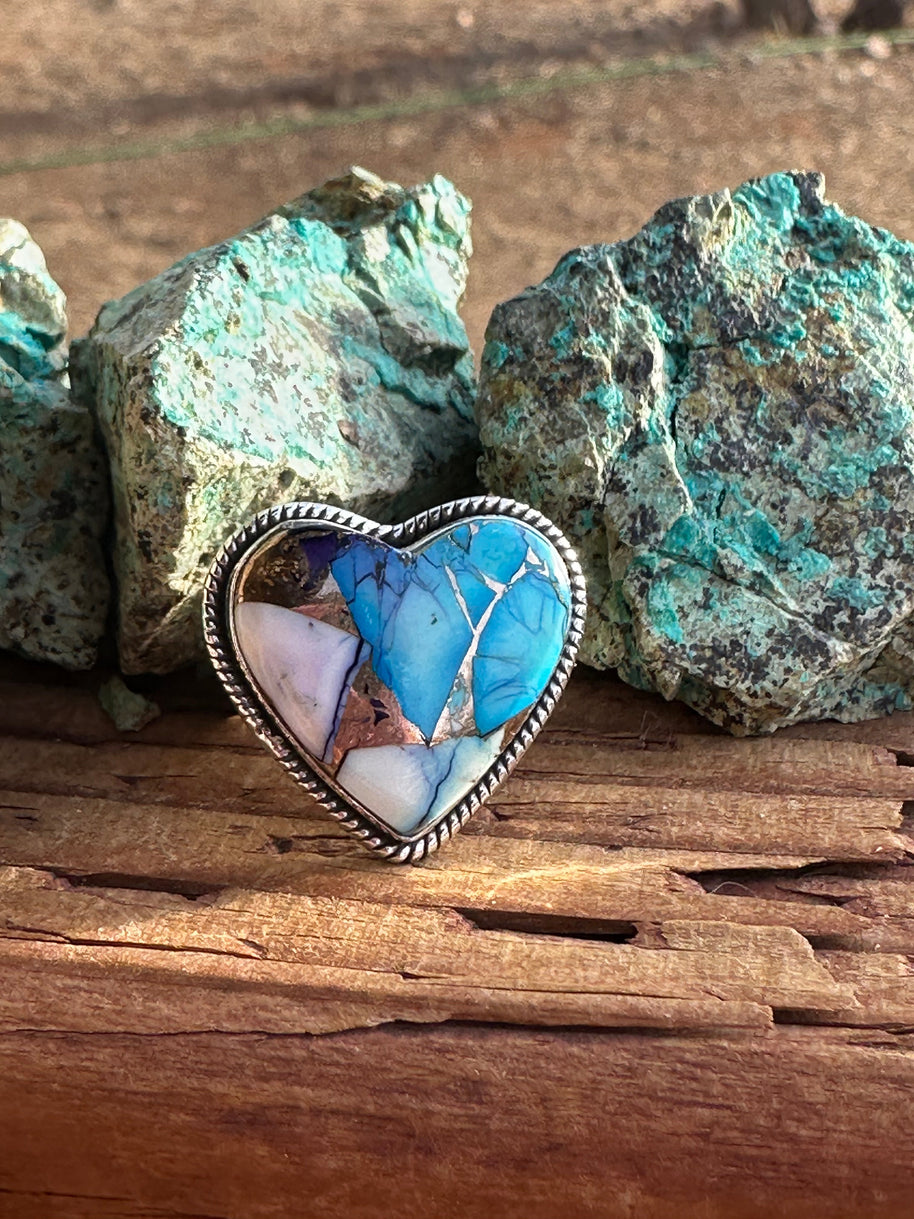 Beautiful Handmade Purple Kingman Dahlia Heart Sterling Silver Adjustable Ring