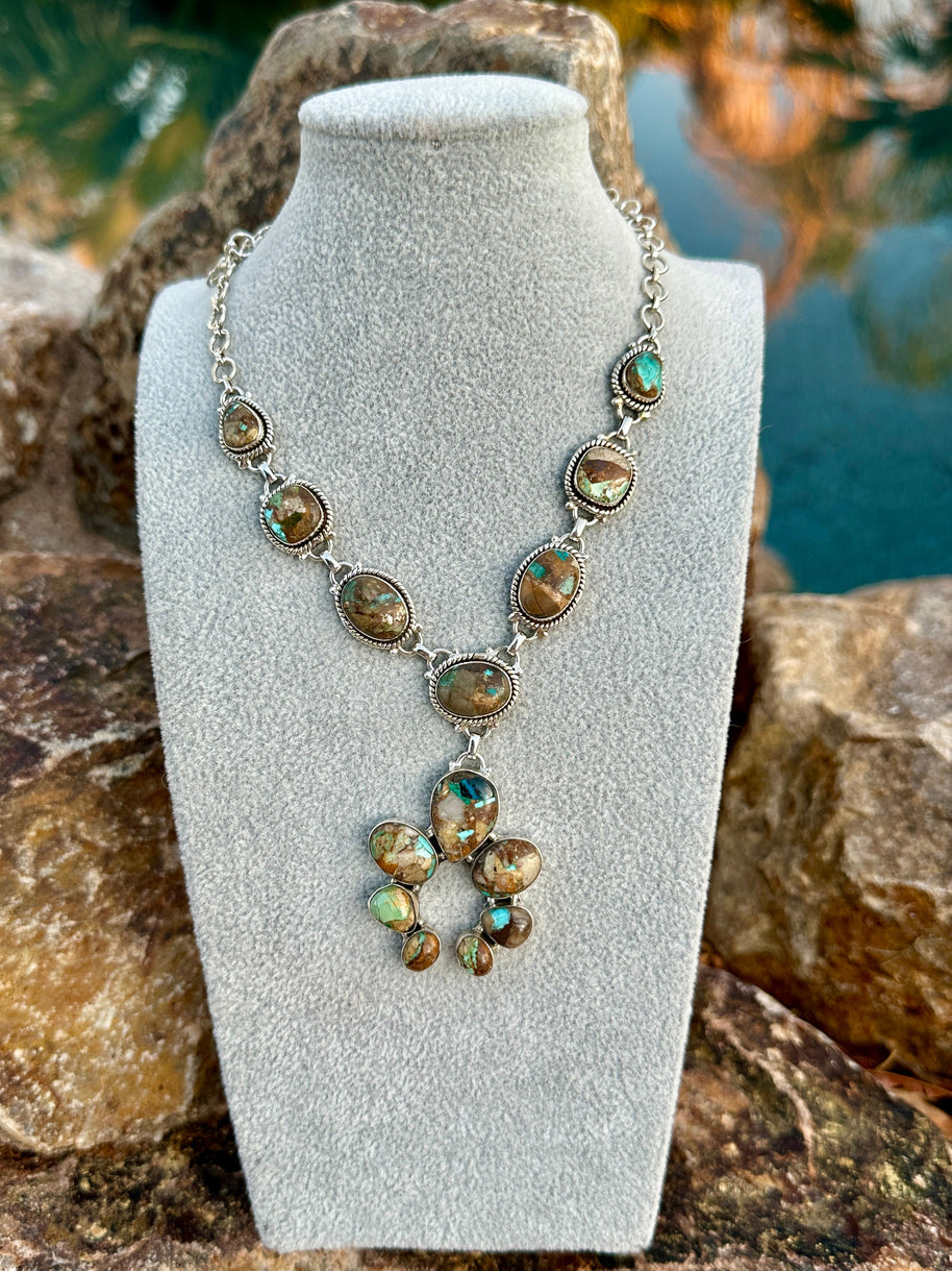 Handmade Royston Ribbon Turquoise Naja & Sterling Silver Lariat Necklace