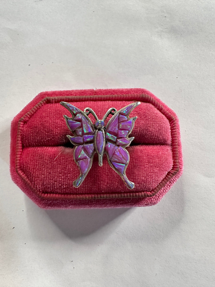 Beautiful Handmade Purple Opal And Sterling Silver Adjustable Butterfly Ring