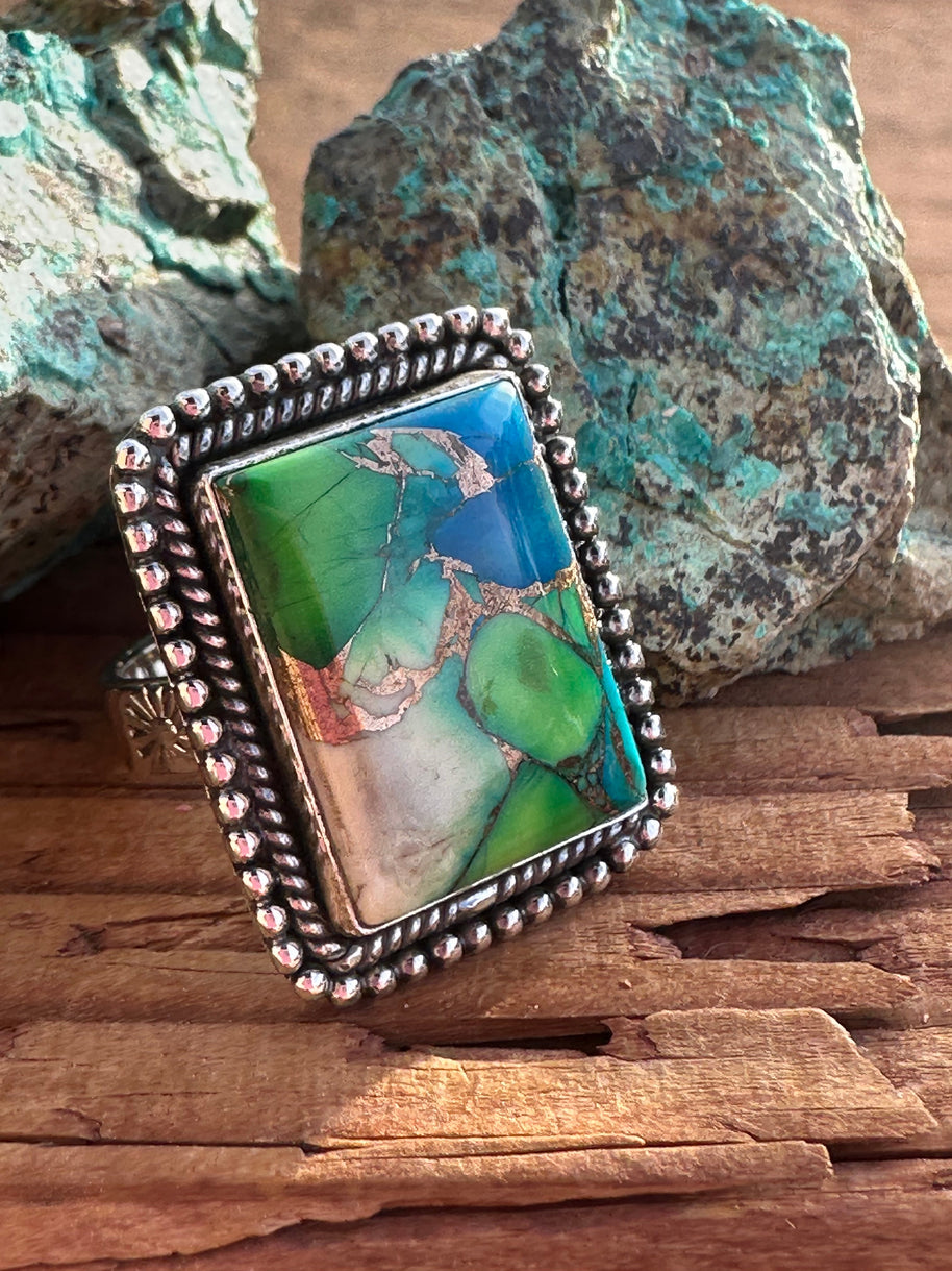 Beautiful Handmade Peacock Dahlia Rectangle Sterling Silver Adjustable Ring