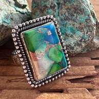 Beautiful Handmade Peacock Dahlia Rectangle Sterling Silver Adjustable Ring