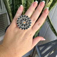 Beautiful Handmade Onyx, Spice And Sterling Silver Adjustable Cluster Ring Style 2