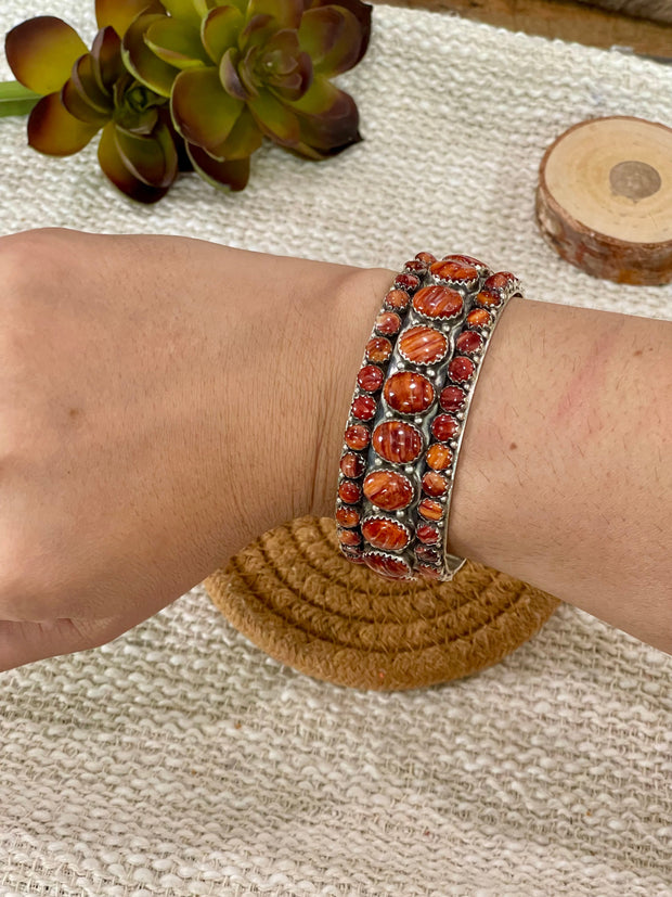 Beautiful Handmade Sterling Silver & Orange Spiny Cluster Cuff Bracelet