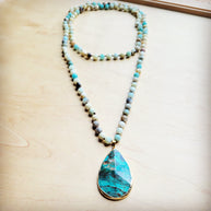 Frosted Amazonite Long Beaded Necklace with Agate Pendant 260o