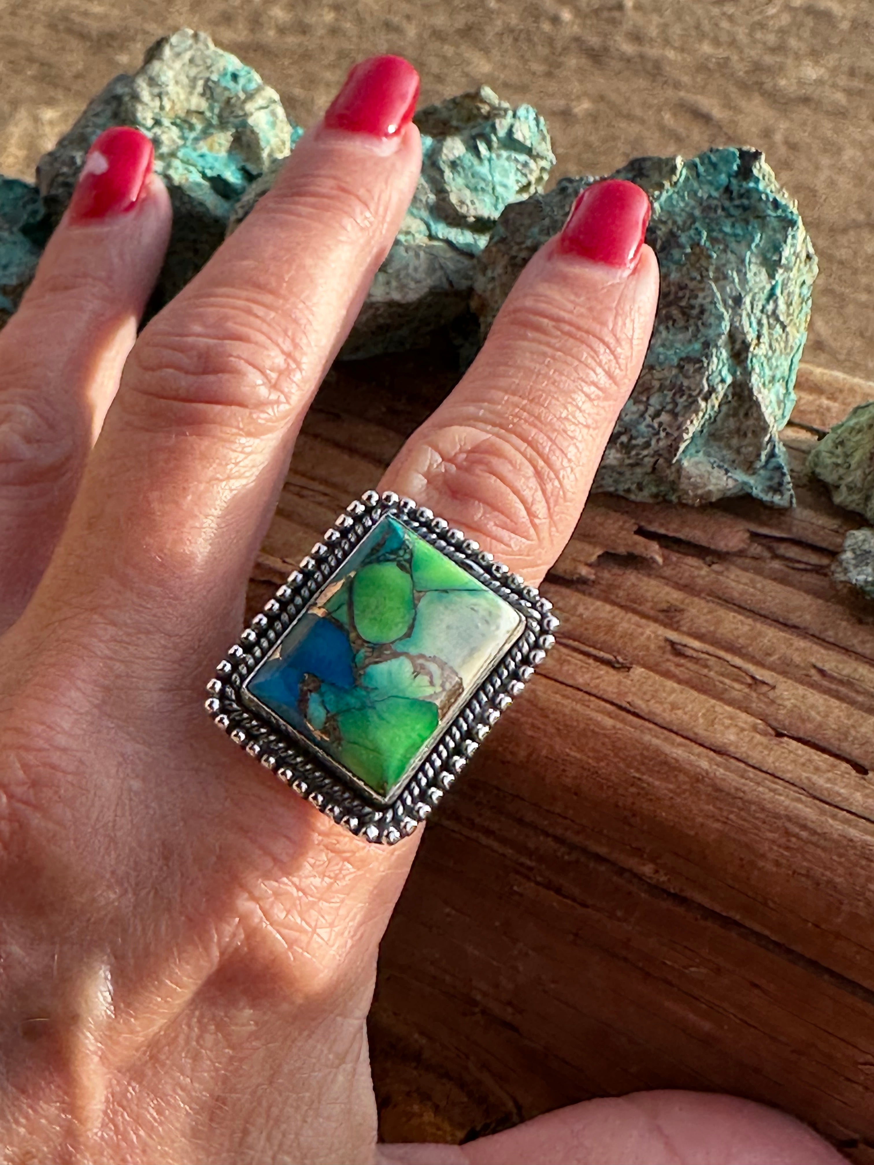 Beautiful Handmade Peacock Dahlia Rectangle Sterling Silver Adjustable Ring
