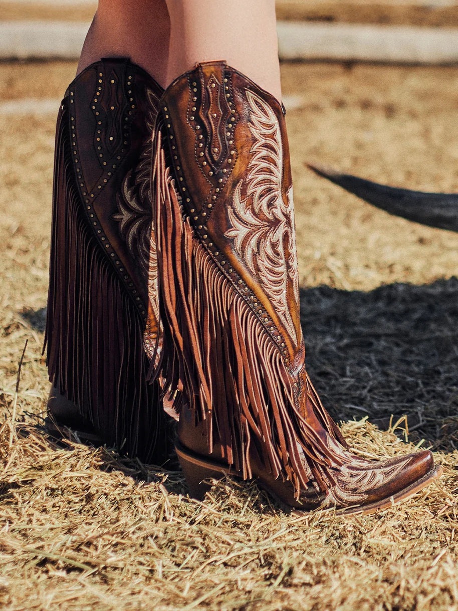 Embroidered Eagle Corral Boots with Studs & Fringe, C4165