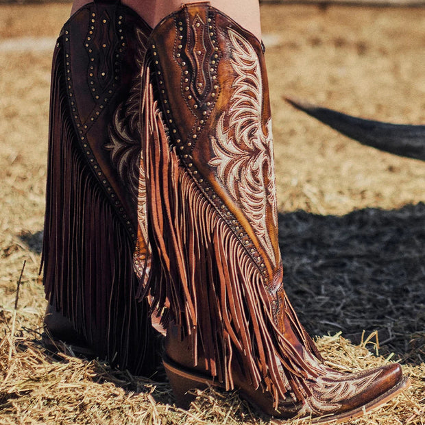 Embroidered Eagle Corral Boots with Studs & Fringe, C4165