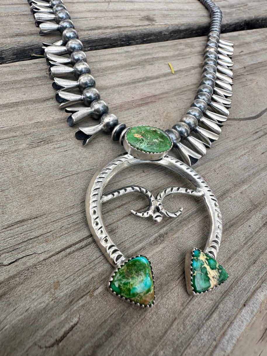 Beautiful Handmade Sterling Silver & Sonoran Mountain Turquoise Squash Blossom Necklace