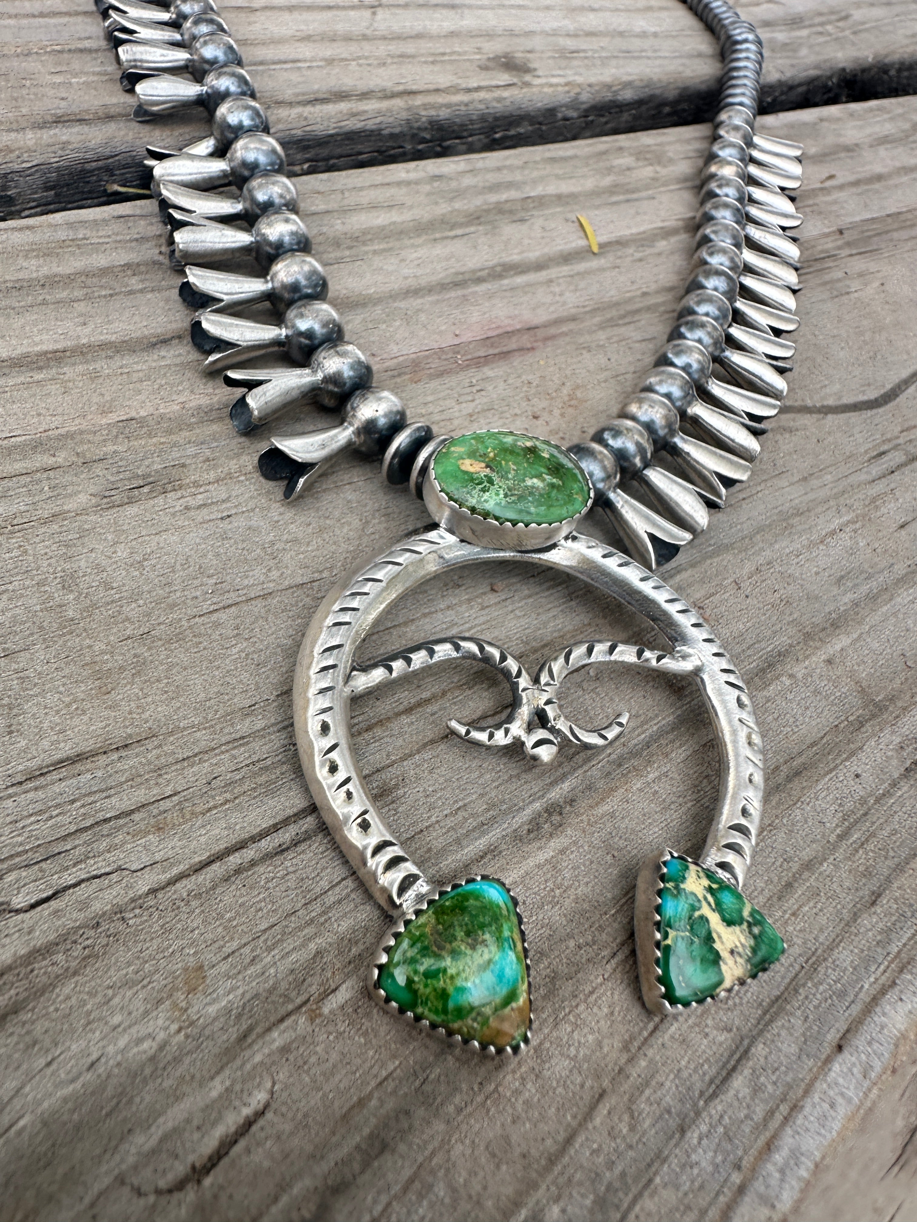 Beautiful Handmade Sterling Silver & Sonoran Mountain Turquoise Squash Blossom Necklace