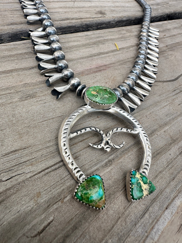 Beautiful Handmade Sterling Silver & Sonoran Mountain Turquoise Squash Blossom Necklace