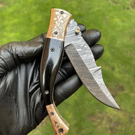 Custom Handmade Damascus Blade EDC Folding Pocket Knife with Color Bone Handle & Brass Engraved Bolster - Includes Leather Sheath