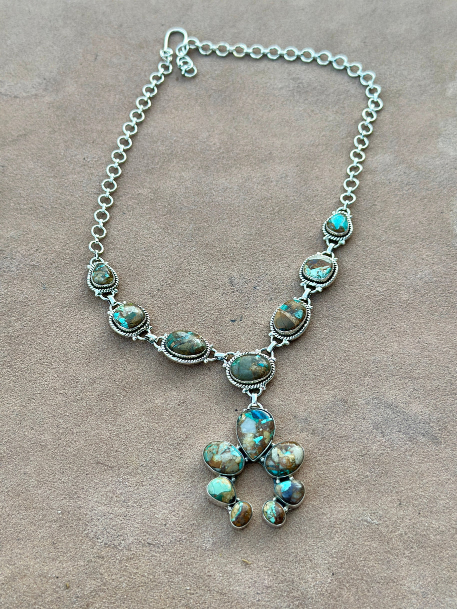 Handmade Royston Ribbon Turquoise Naja & Sterling Silver Lariat Necklace