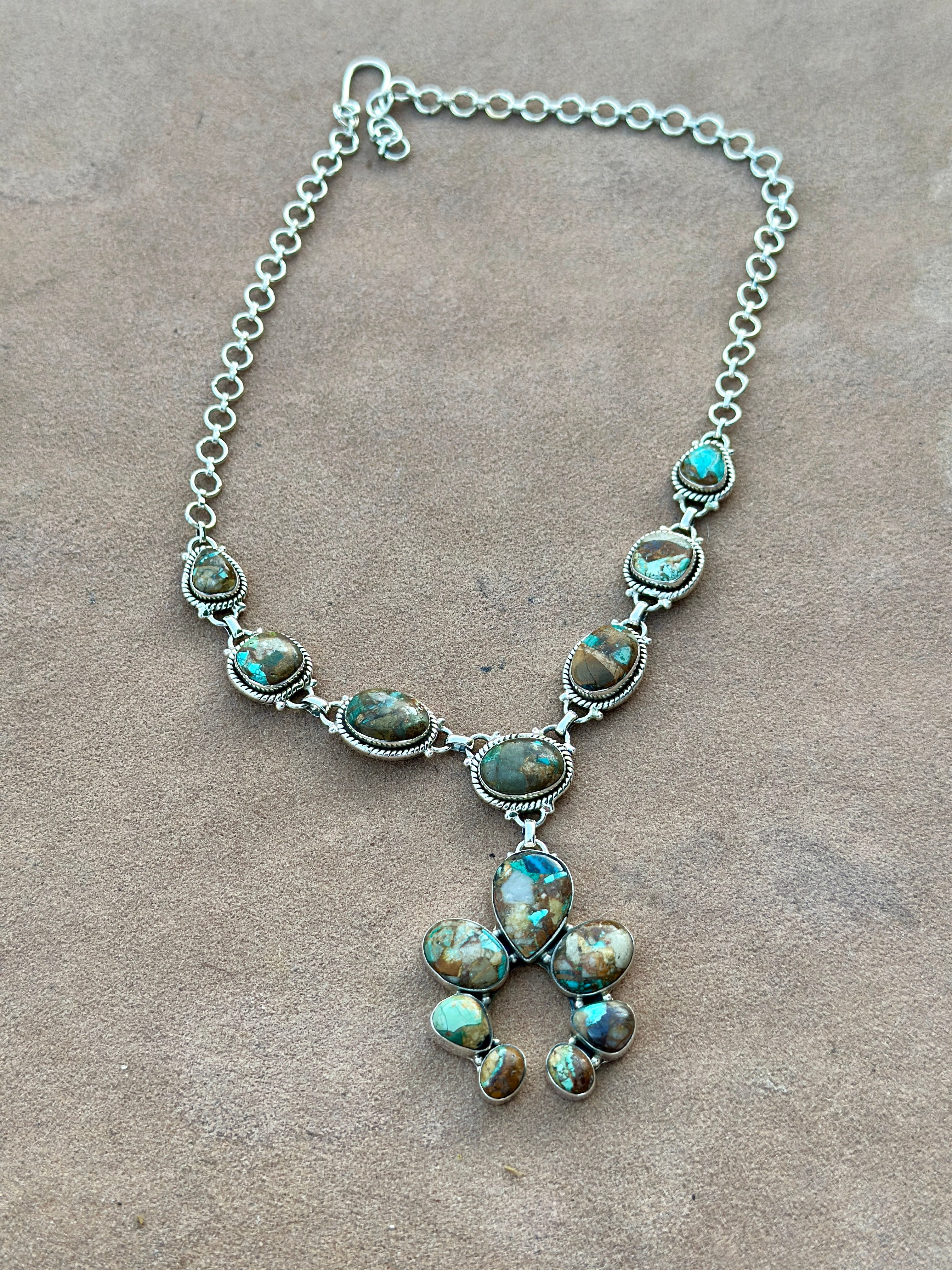 Handmade Royston Ribbon Turquoise Naja & Sterling Silver Lariat Necklace