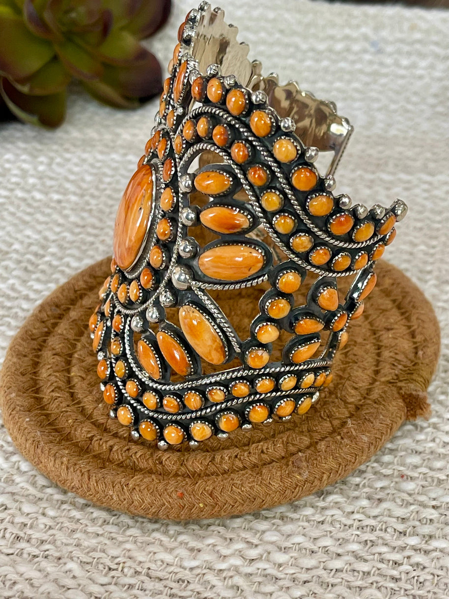 Beautiful Handmade Sterling Silver & Orange Spiny Cuff Bracelet