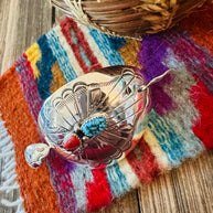 Handcrafted Turquoise, Coral & Sterling Silver Concho Hair Pin