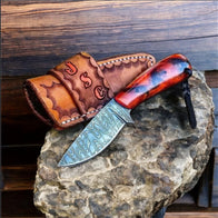 Ranch Cowboy Knives - Damascus Steel Blades with Resin Handle & Leather Case