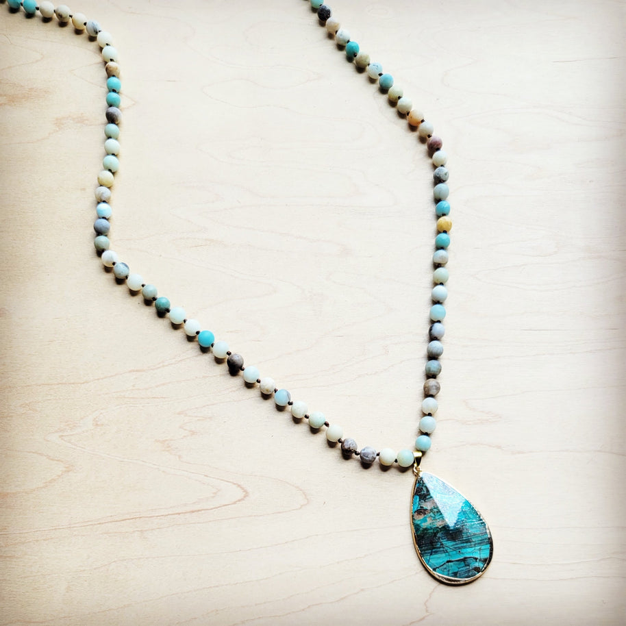 Frosted Amazonite Long Beaded Necklace with Agate Pendant 260o