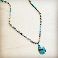 Frosted Amazonite Long Beaded Necklace with Agate Pendant 260o
