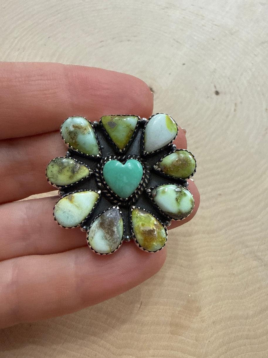 Beautiful Handmade Palomino Turquoise, Paloma Turquoise And Sterling Silver Adjustable Heart  Ring