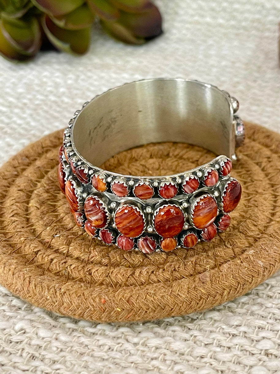 Beautiful Handmade Sterling Silver & Orange Spiny Cluster Cuff Bracelet
