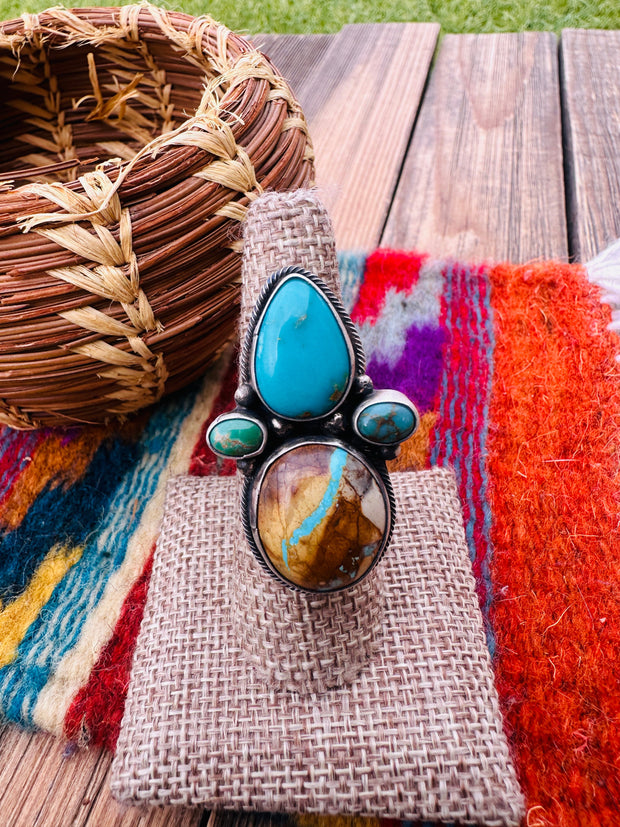 Handcrafted Multi Turquoise & Sterling Silver Adjustable Ring by Travis Jim