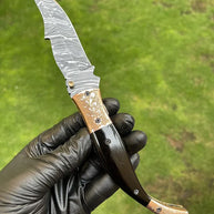 Custom Handmade Damascus Blade EDC Folding Pocket Knife with Color Bone Handle & Brass Engraved Bolster - Includes Leather Sheath