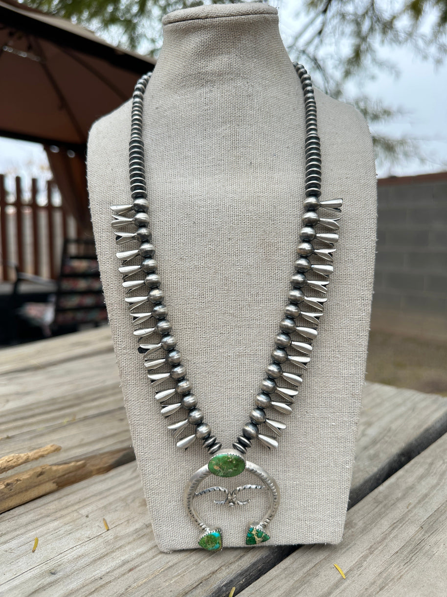 Beautiful Handmade Sterling Silver & Sonoran Mountain Turquoise Squash Blossom Necklace