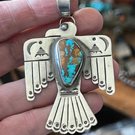 Hand Stamped Sterling Silver & Pilot Mountain Turquoise Thunderbird Pendant by Kimari Somers