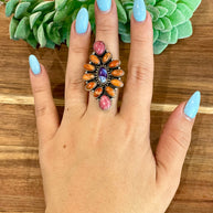 Beautiful Handmade Multi Stone And Sterling Silver Adjustable Ring