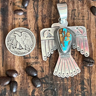 Hand Stamped Sterling Silver & Pilot Mountain Turquoise Thunderbird Pendant by Kimari Somers