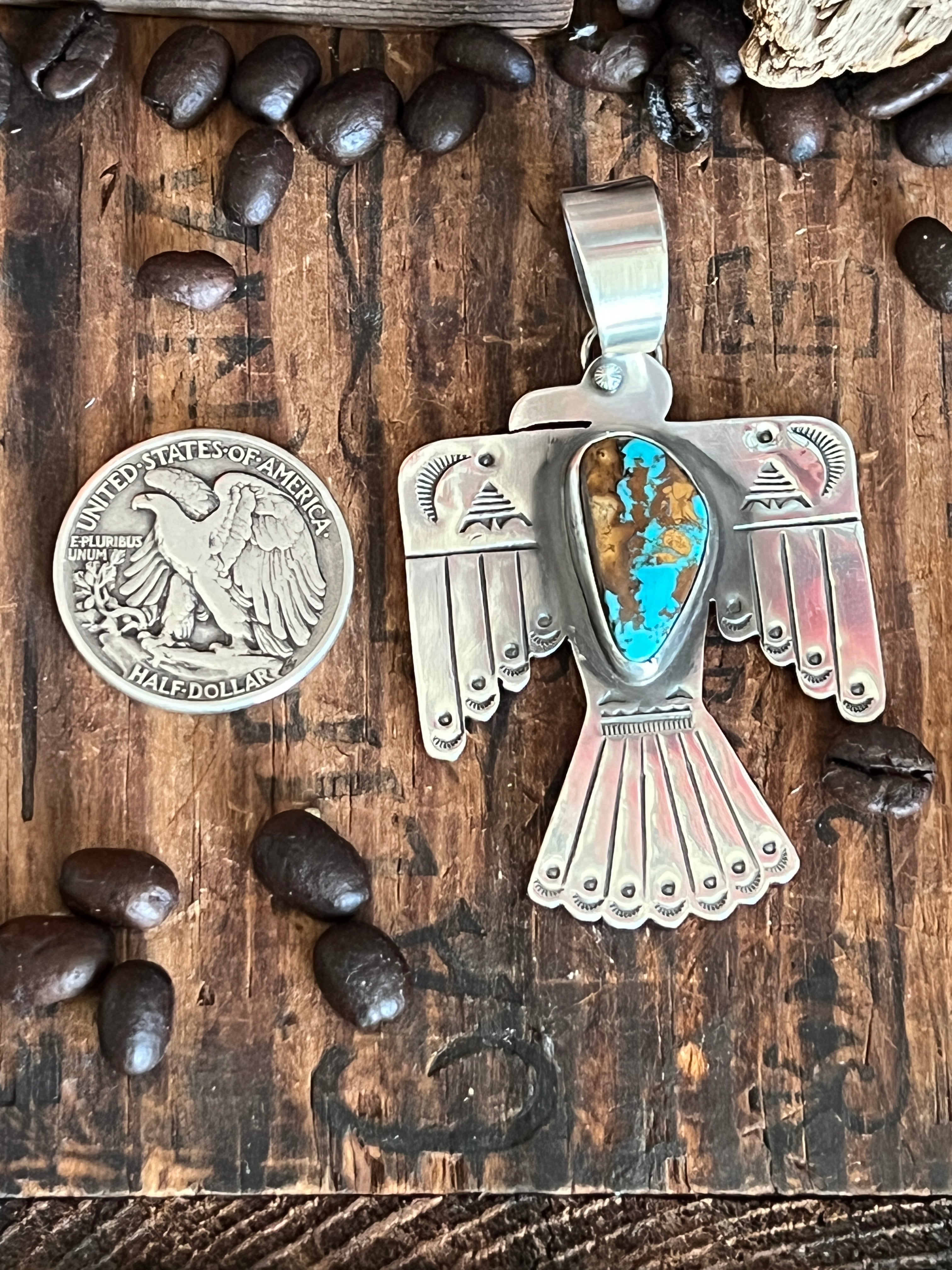 Hand Stamped Sterling Silver & Pilot Mountain Turquoise Thunderbird Pendant by Kimari Somers