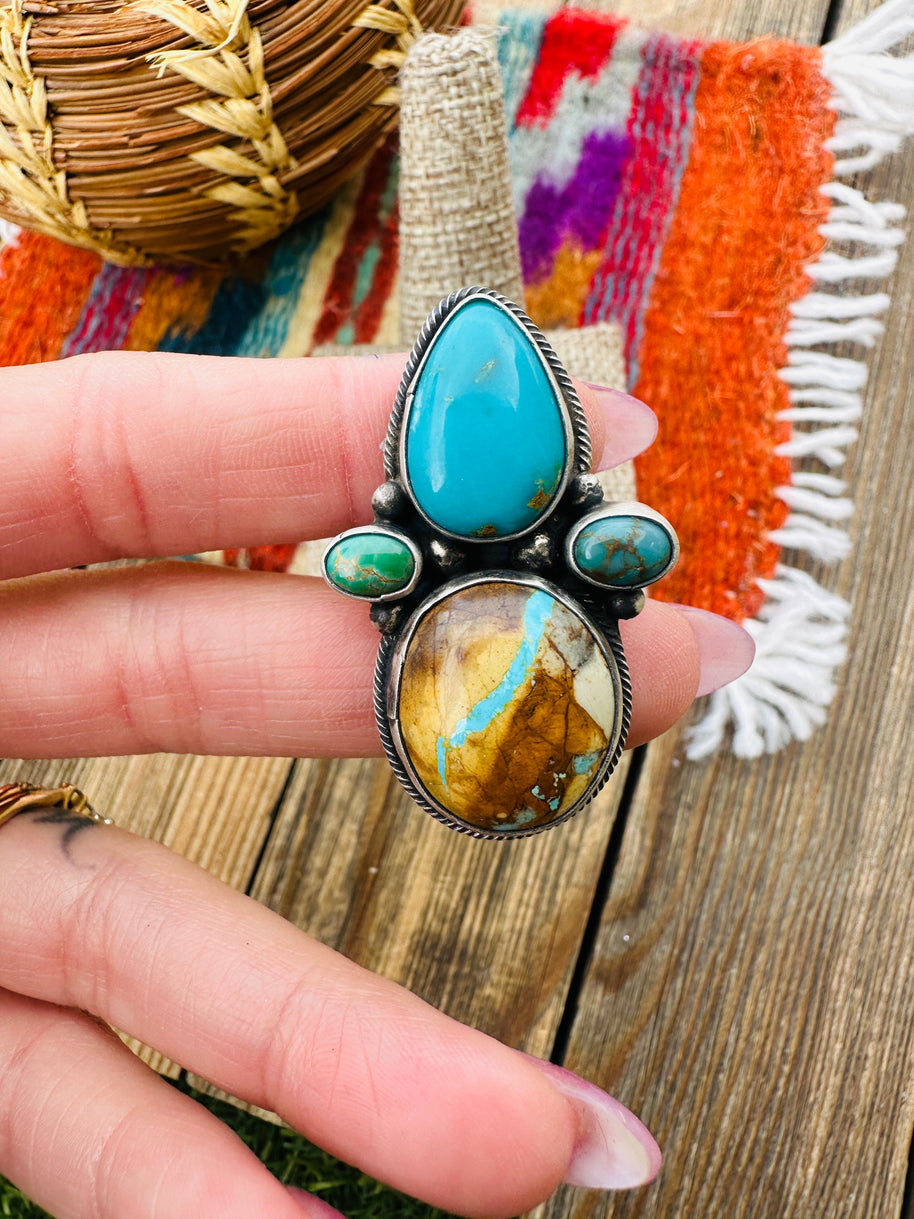 Handcrafted Multi Turquoise & Sterling Silver Adjustable Ring by Travis Jim