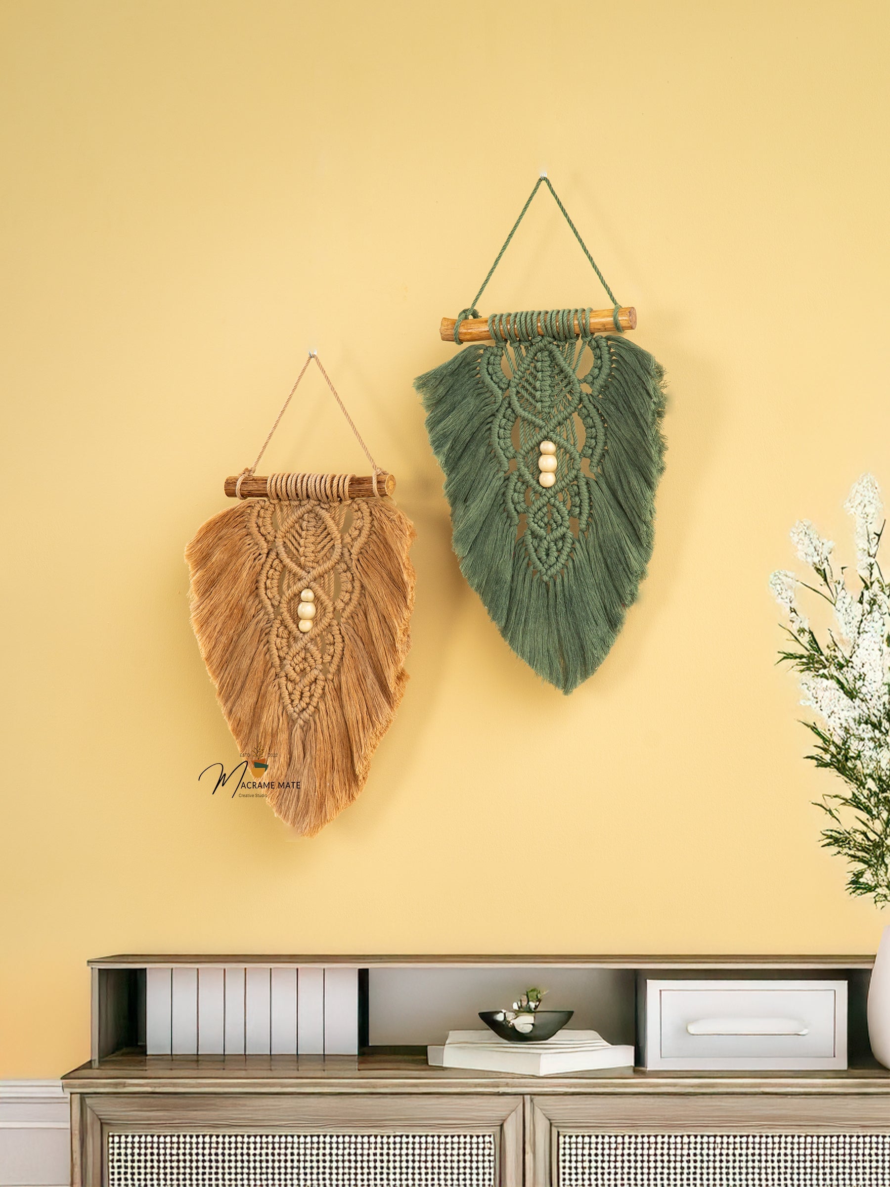 Rustic Latte Olive Macrame Leaves