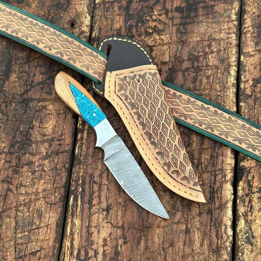 Handcrafted Back of Belt Knife – Damascus Steel Blade with Resin & Olive Wood Handle