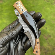 Custom Handmade Damascus Blade EDC Folding Pocket Knife with Color Bone Handle & Brass Engraved Bolster - Includes Leather Sheath
