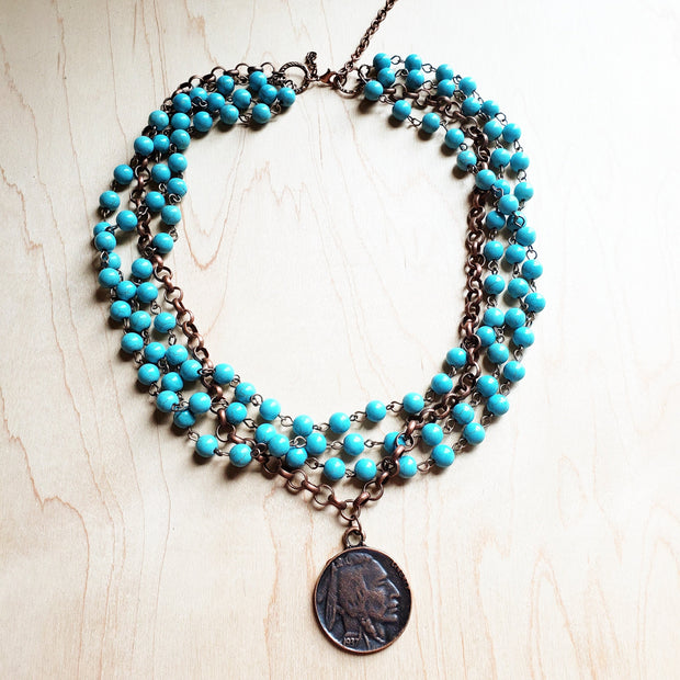 Blue Turquoise Collar-Length Necklace w/ Indian Buffalo Coin 114E