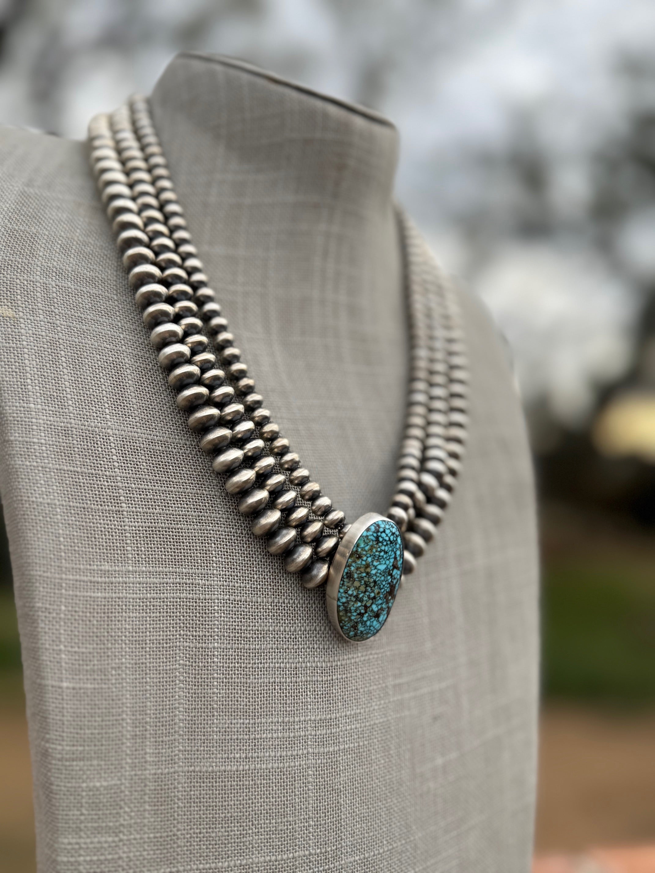 Handcrafted Kingman Webb Turquoise & Sterling Silver Beaded 3 Strand 6mm Beaded Necklace 20