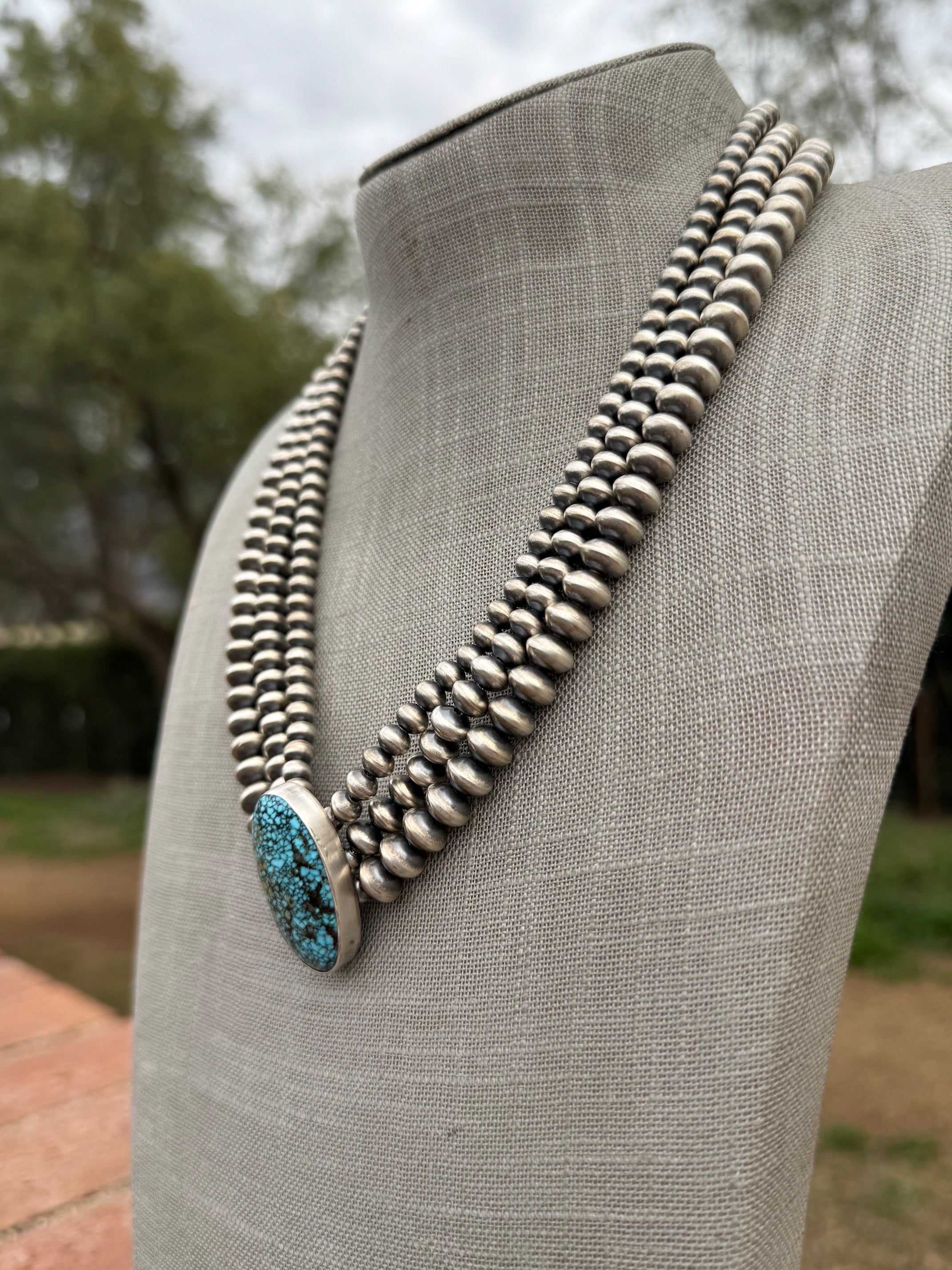 Handcrafted Kingman Webb Turquoise & Sterling Silver Beaded 3 Strand 6mm Beaded Necklace 20