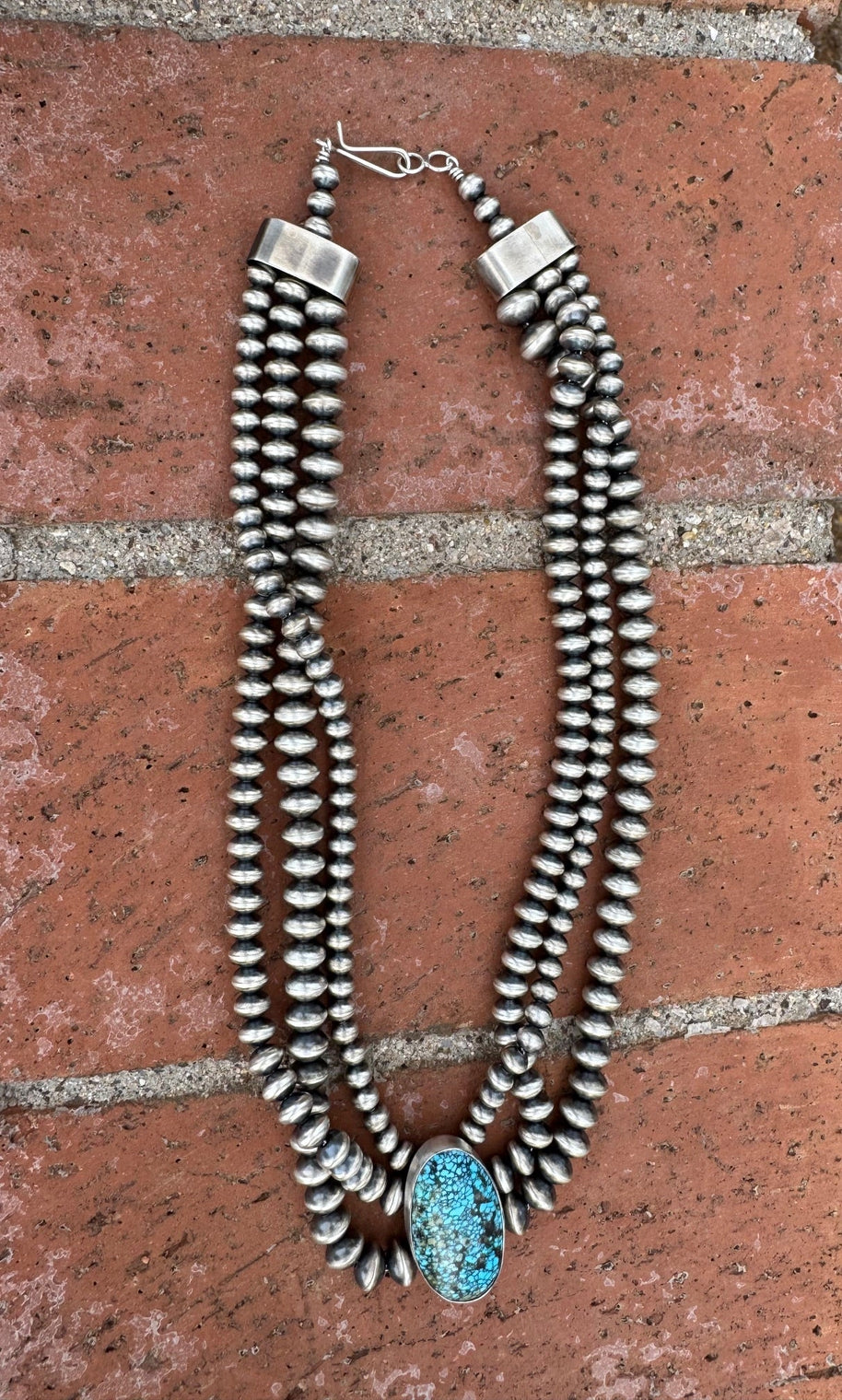 Handcrafted Kingman Webb Turquoise & Sterling Silver Beaded 3 Strand 6mm Beaded Necklace 20