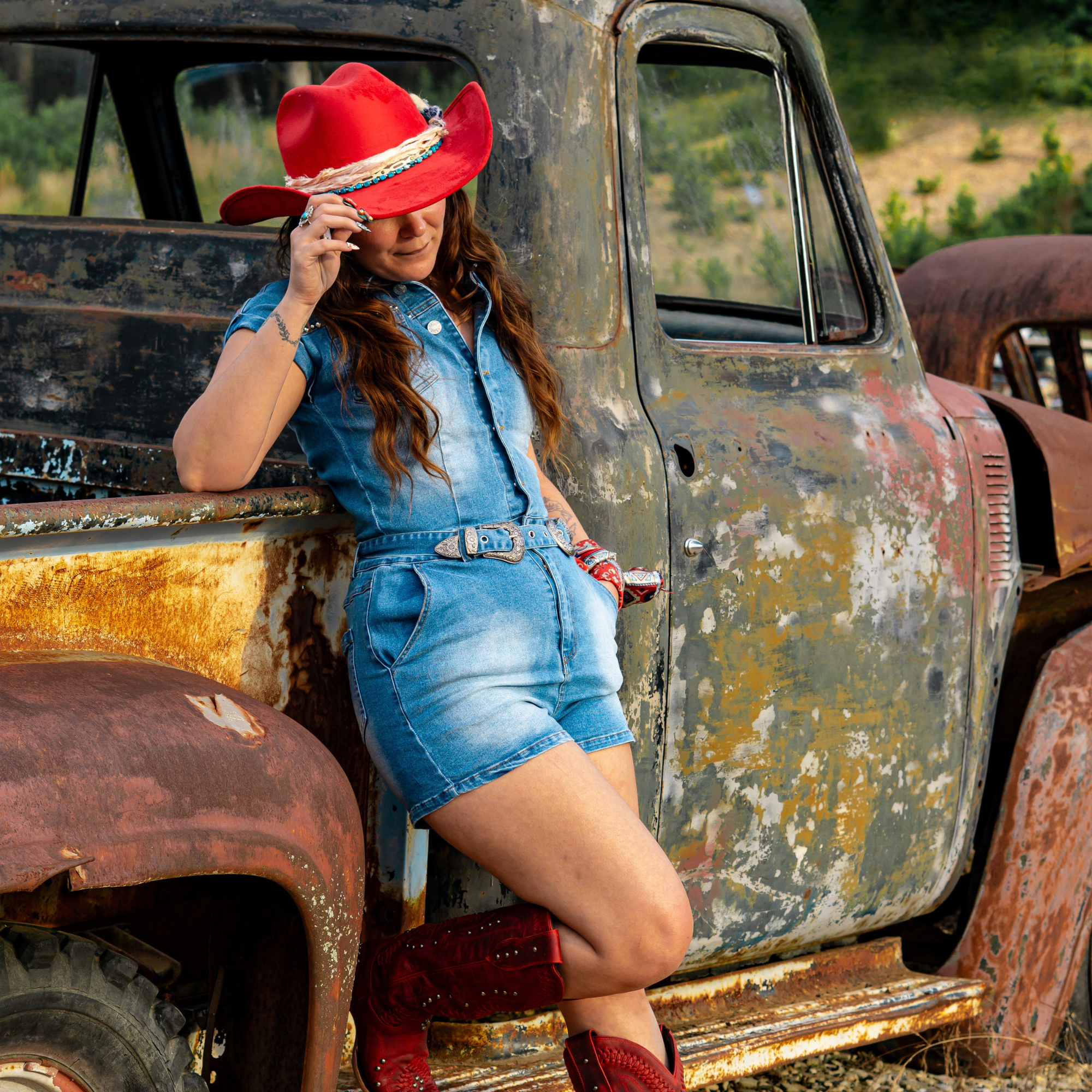 Embroidered Western Denim Romper