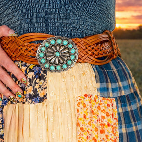 Hand-Braided Leather Belt with Turquoise Style Buckle