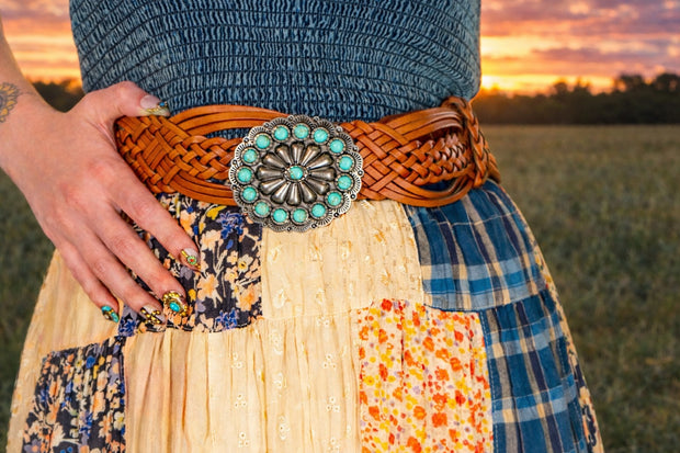 Hand-Braided Leather Belt with Turquoise Style Buckle