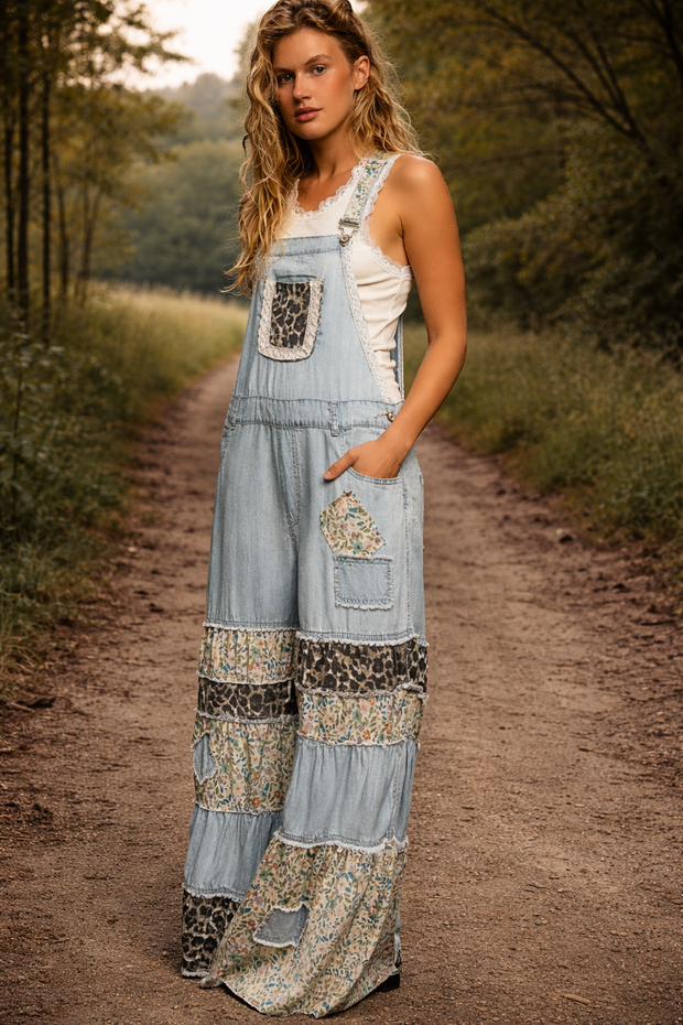 Mixed Media Ruffle Wide Leg Overall