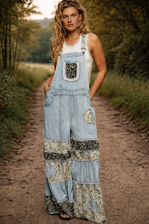 Mixed Media Ruffle Wide Leg Overall